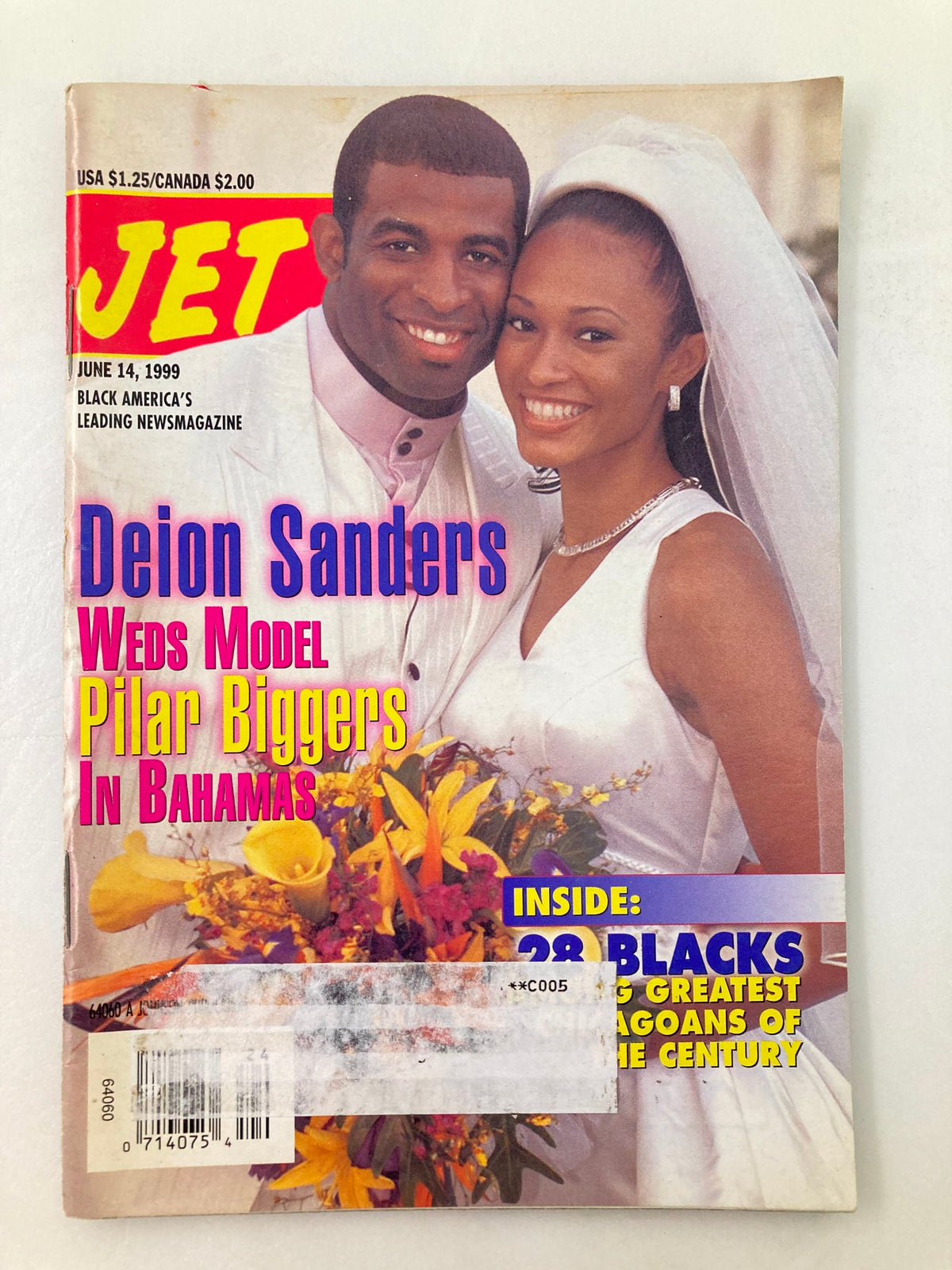 Cover of Jet Magazine June 14 1999 Vol 96 #2 featuring Deion Sanders and Pilar Biggers on their wedding day with vibrant flowers and wedding attire.