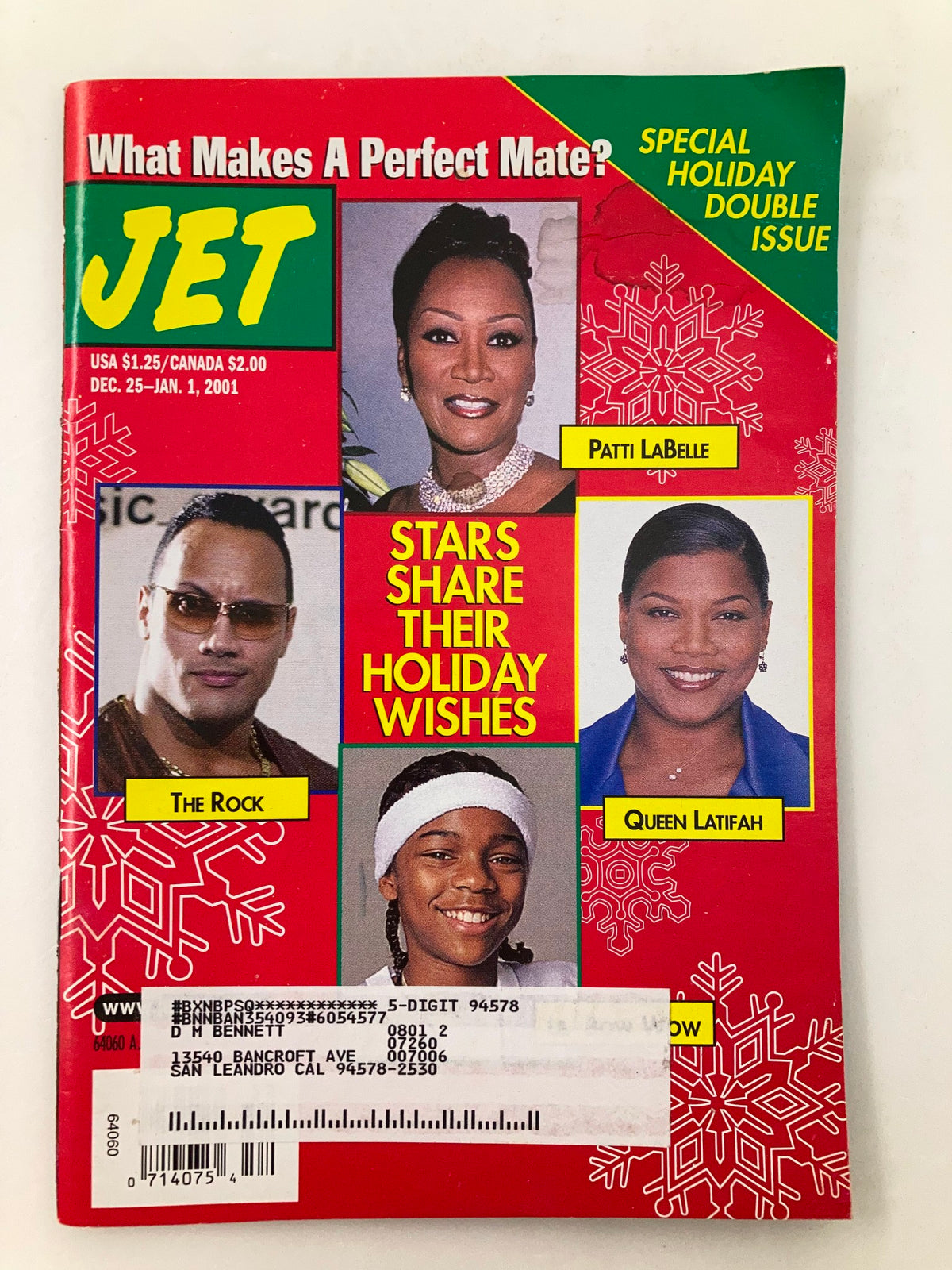 Jet Magazine cover from January 1, 2001, Vol 99, No 3 featuring Dwayne Johnson, Patti LaBelle, and Queen Latifah, highlighting their holiday wishes.