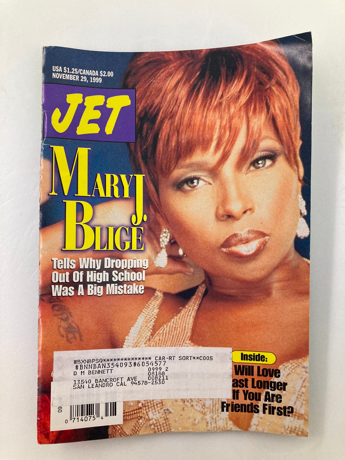 Cover of Jet Magazine, November 29, 1999, featuring Mary J. Blige and the headline 'Tells Why Dropping Out Of High School Was A Big Mistake'. The magazine showcases vibrant colors and an eye-catching design.