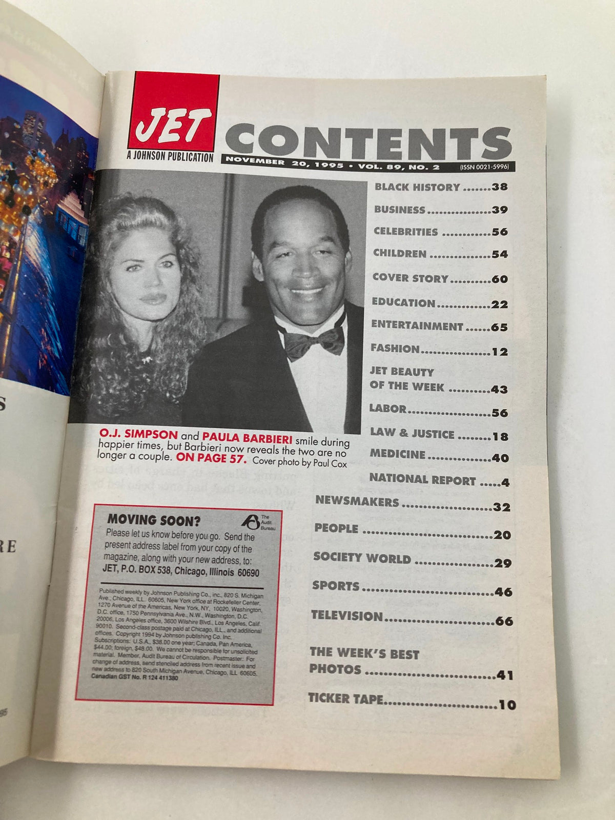 Contents page of Jet Magazine November 20, 1995, Vol 89 #2 featuring O.J. Simpson and Paula Barbieri, includes sections on black history, business, celebrities, and entertainment.