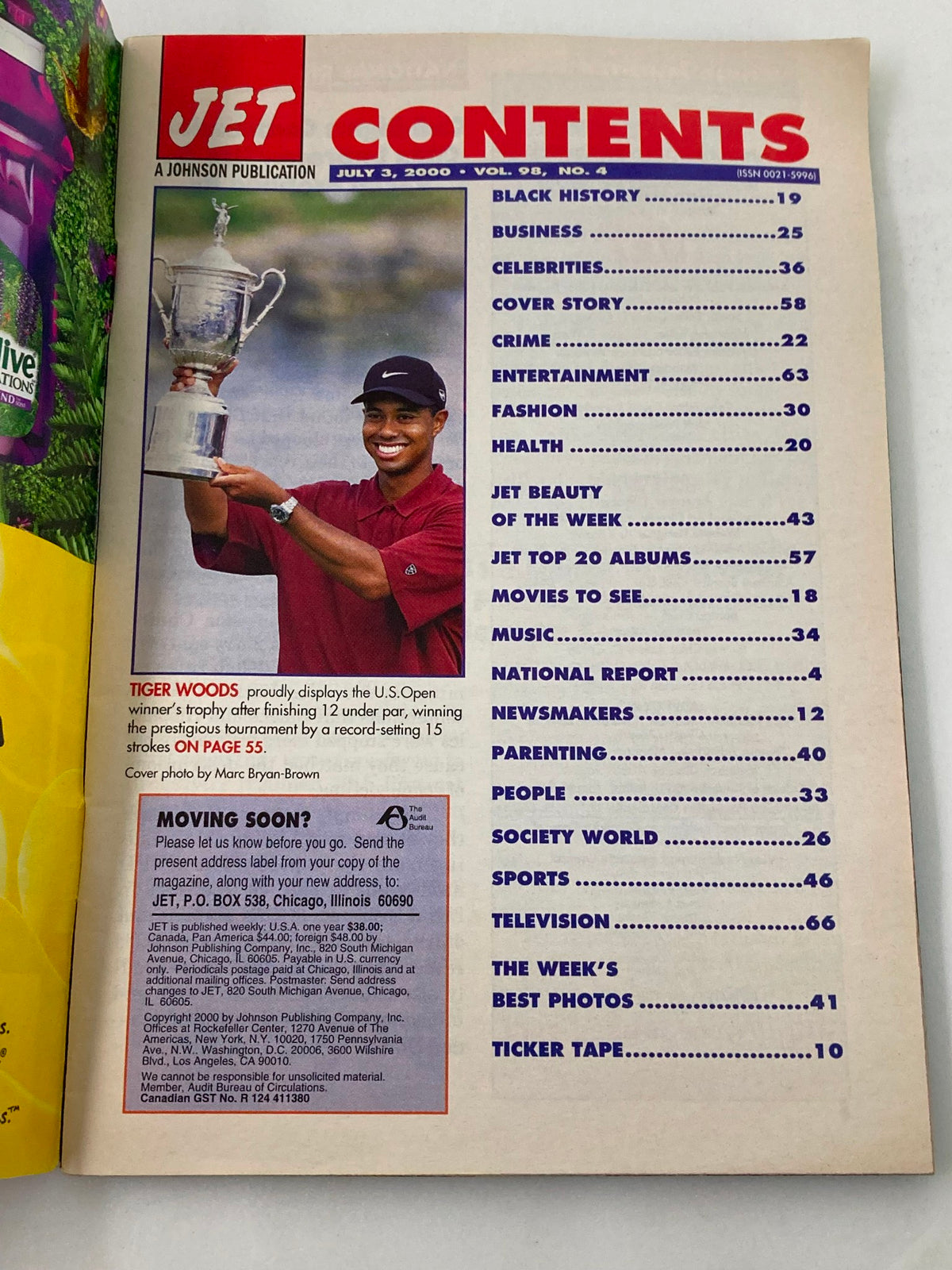 Jet Magazine July 3 2000, Contents page featuring Tiger Woods celebrating his U.S. Open victory, showcasing articles on culture, health, and parenting in Vol 98 #4.