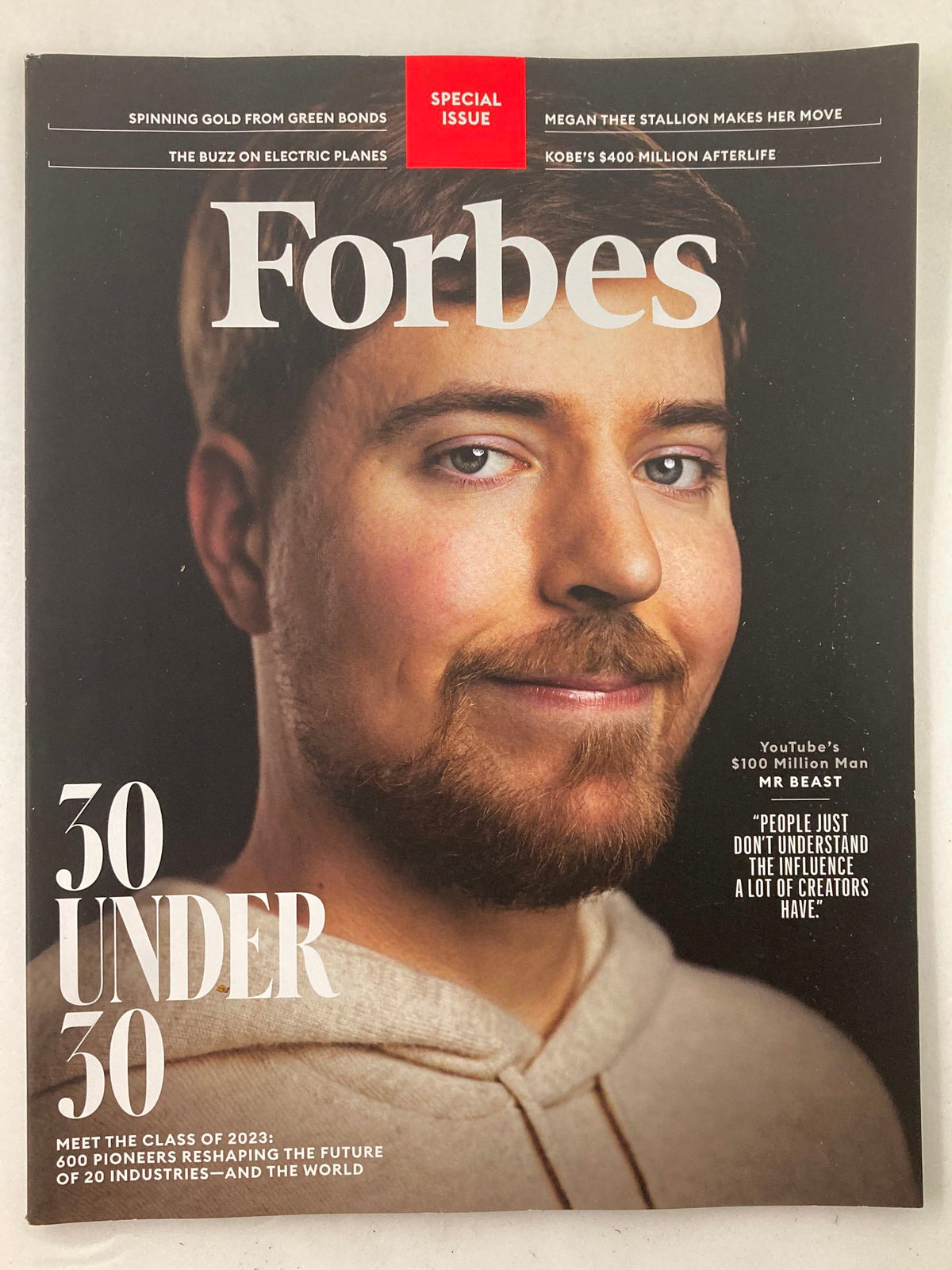 Forbes Magazine cover December 2022 featuring Mr. Beast, YouTube's $100 Million Man, under the title '30 Under 30'. The cover highlights his influence and contributions to digital entrepreneurship.