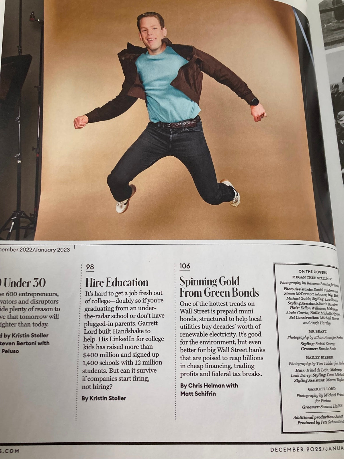 Forbes Magazine December 2022 article on higher education and college students' challenges, highlighting Garrett's initiative to help with college debt and career searching.