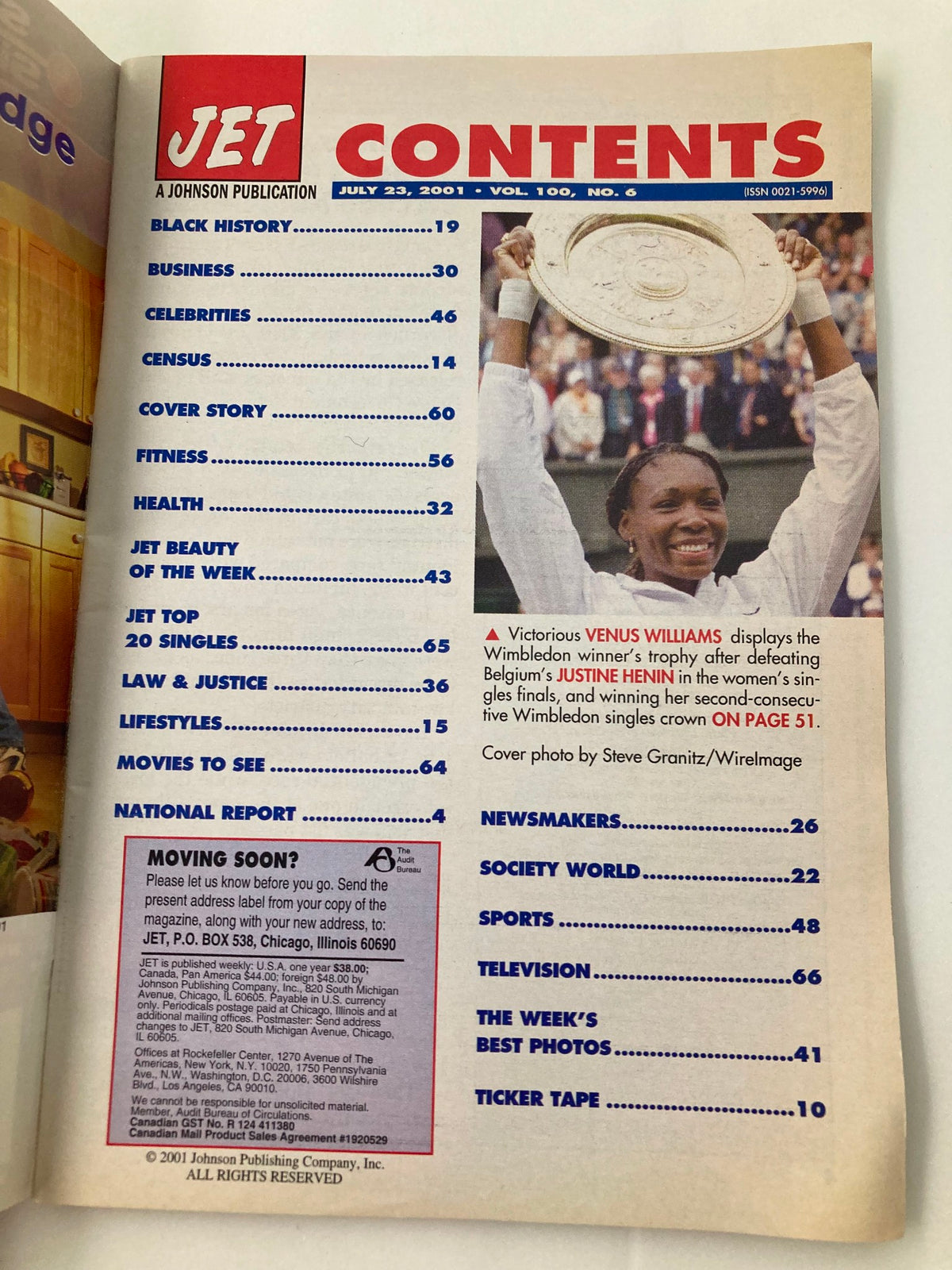 Contents page of Jet Magazine July 23 2001, Vol 100 #6, featuring articles on Aaliyah, Venus Williams, and cultural highlights of the early 2000s.