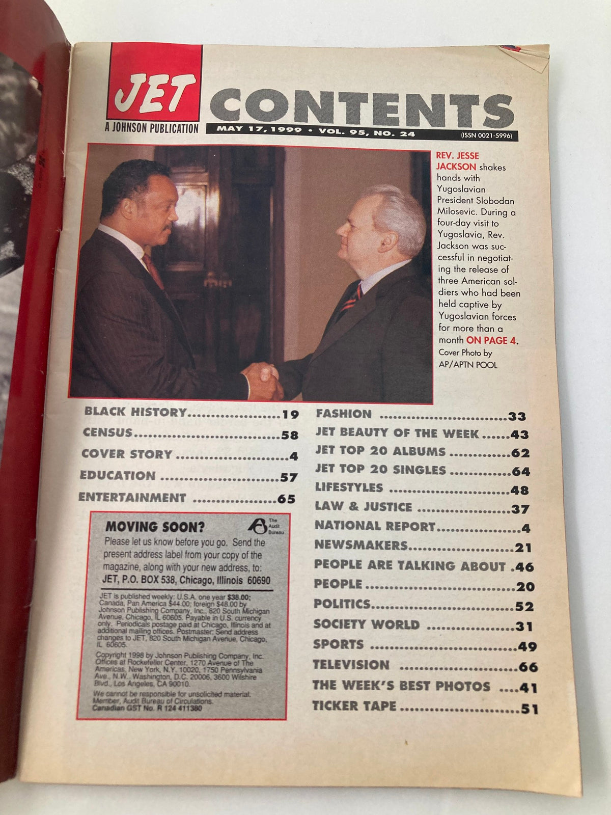 Contents page of Jet Magazine, May 17, 1999, Volume 95 #24, showcasing Rev. Jesse L. Jackson's meeting with Yugoslavian President Slobodan Milosevic regarding American soldiers.