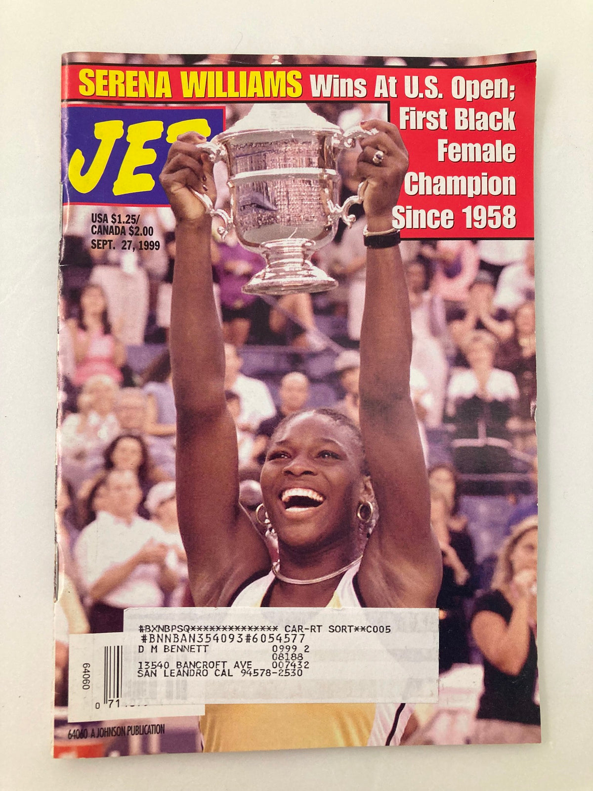 Jet Magazine cover from September 27, 1999, featuring Serena Williams celebrating her victory at the U.S. Open, highlighting her achievement as the first Black female champion since 1958.