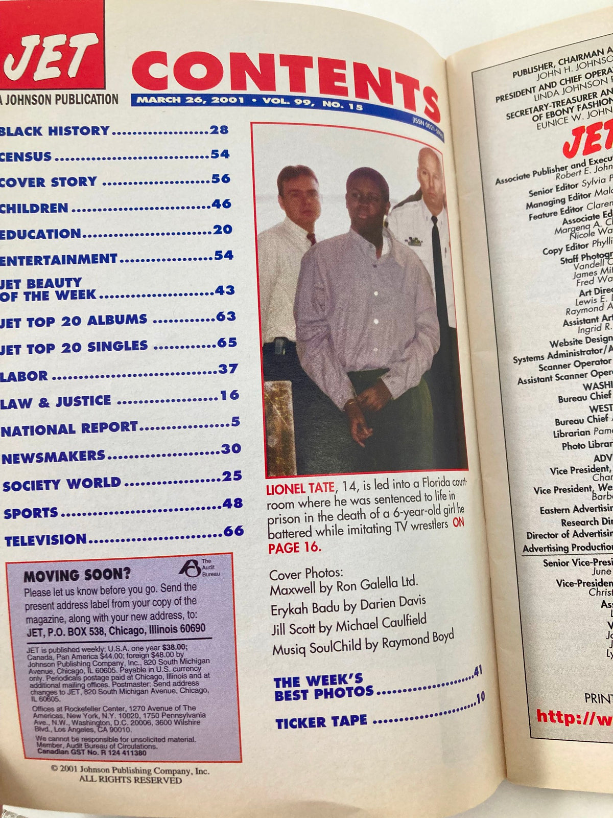 Contents page of Jet Magazine March 26 2001 Vol 99 #15 featuring articles on Maxwell, Erykah Badu, and Jill Scott, highlighting notable features and stories.