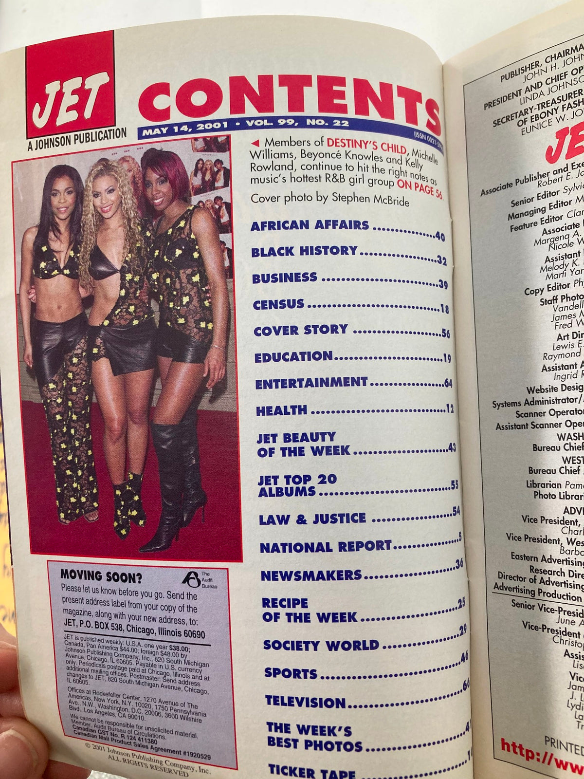 Inside contents page of Jet Magazine May 14, 2001, Vol 99 #22, showcasing articles including a feature on Destiny's Child, a popular singing group.