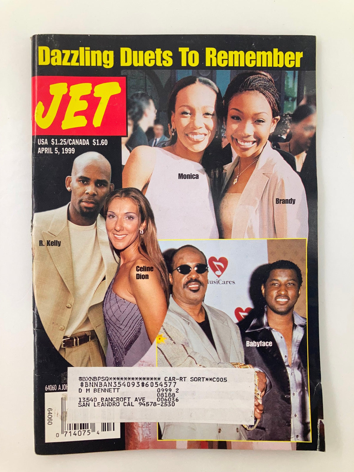 Cover of Jet Magazine, April 5, 1999, featuring R. Kelly, Celine Dion, Monica, Brandy, and Babyface, under the headline 'Dazzling Duets To Remember'. The magazine shows a colorful design highlighting notable artists of the time.