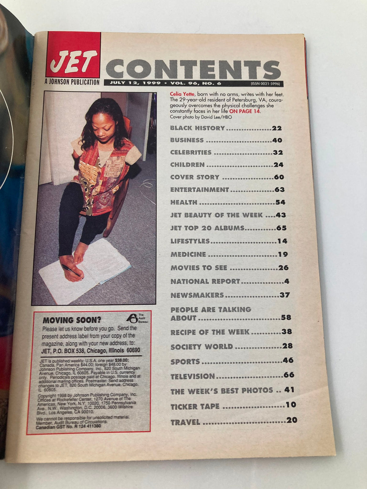 Jet Magazine July 12 1999 Vol 96 #6 interior page displaying the contents list, featuring Celia Yette who is highlighted as a courageous individual overcoming physical challenges.