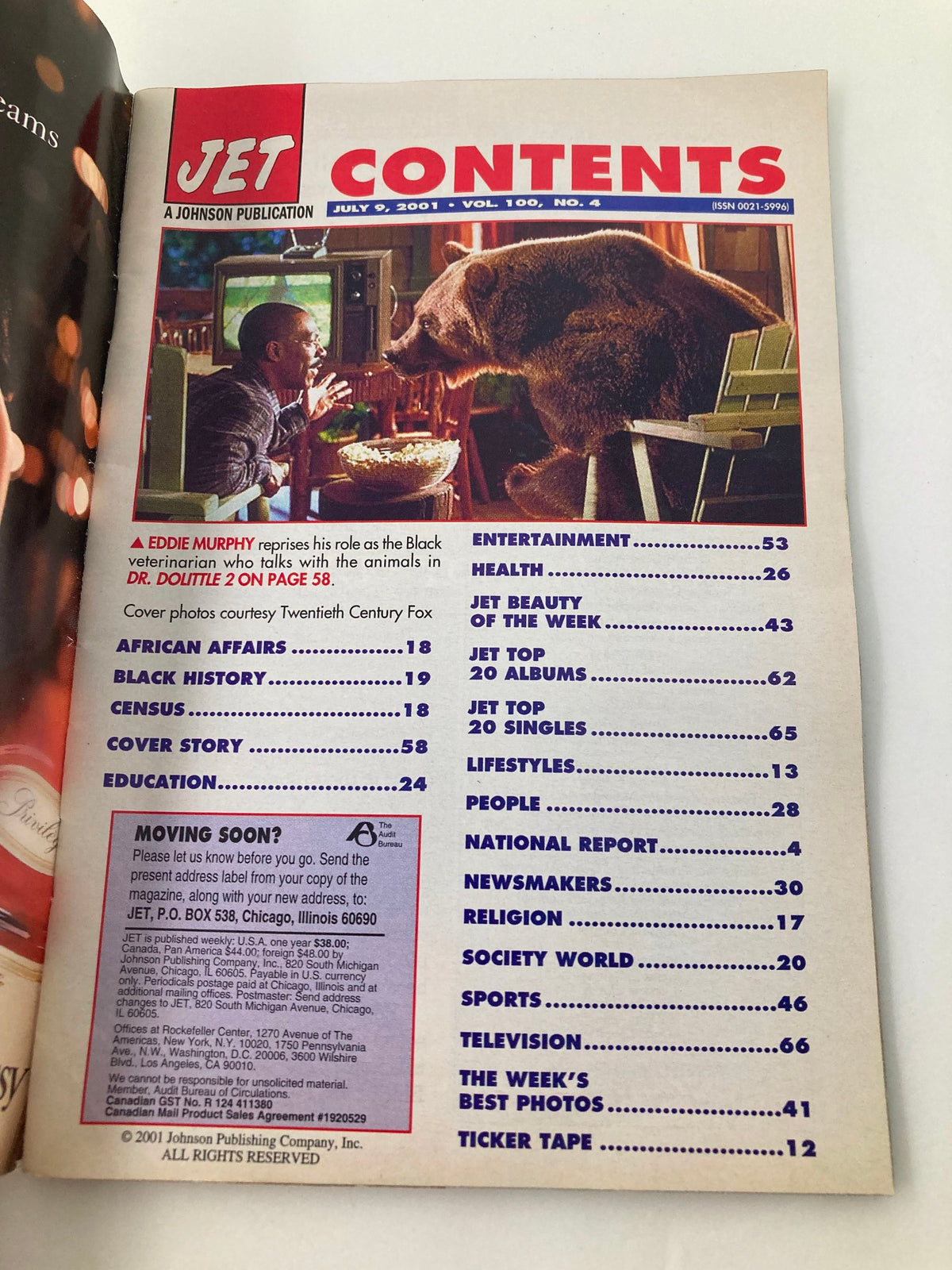 Contents page of Jet Magazine July 9, 2001, Vol 100 #4, highlighting articles including a feature on Eddie Murphy in 'Dr. Dolittle 2' and topics such as African affairs and education.