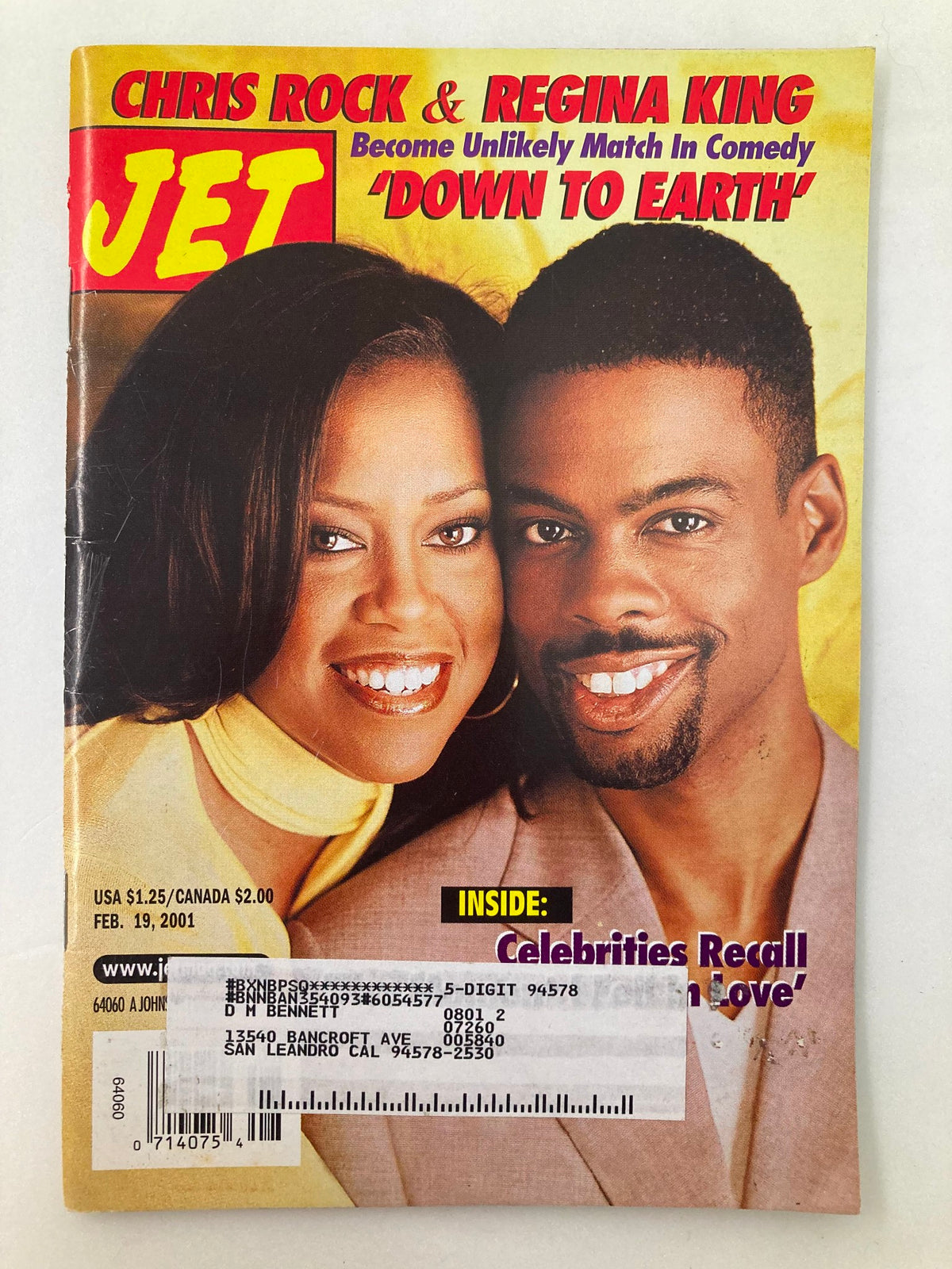 Jet Magazine cover featuring Chris Rock and Regina King from February 19, 2001, Vol 99 #10, highlighting their unlikely match in comedy and movie 'Down to Earth'. The cover includes a mention of celebrities recalling love.