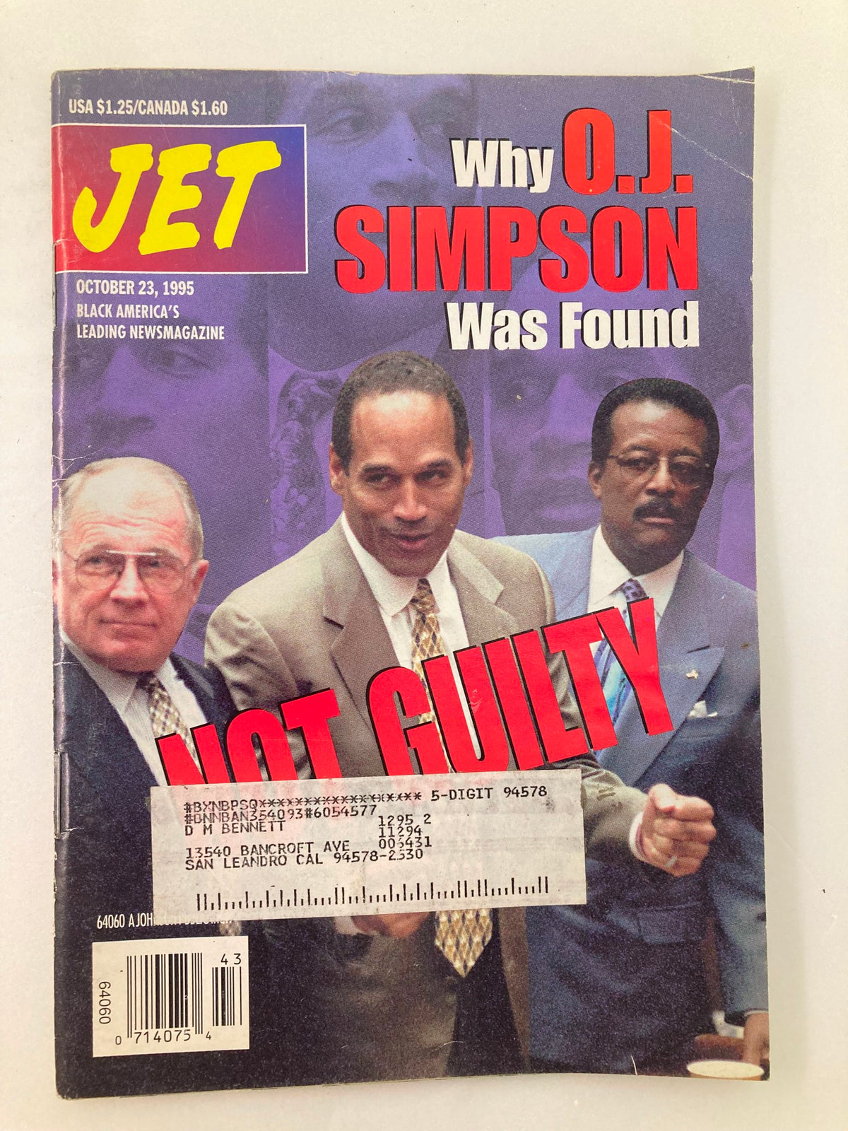 Cover of Jet Magazine October 23, 1995, Vol 88 #24, featuring the headline 'Why O.J. Simpson Was Found Not Guilty'. The cover includes images of O.J. Simpson and his legal team in a courtroom setting.