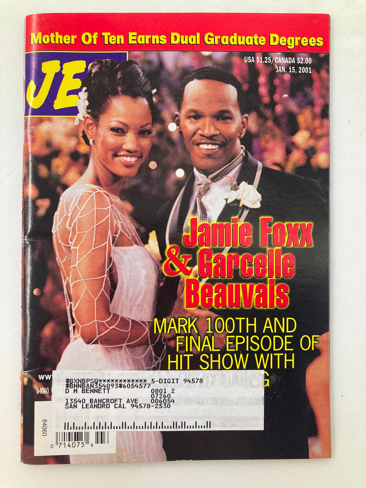 Jet Magazine cover dated January 15, 2001, featuring Jamie Foxx and Garcelle Beauvais. Celebrating the 100th episode of their hit show, the cover displays the couple in formal attire, highlighting their iconic fashion. The magazine is in good condition with an address label, showcasing appealing visuals and entertainment headlines.