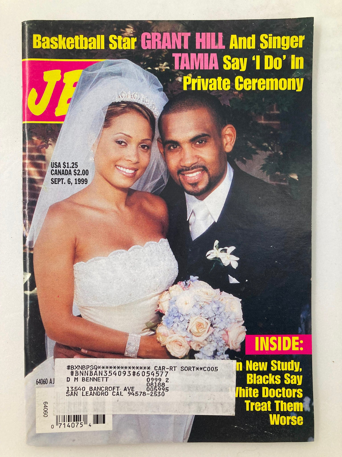 Jet Magazine September 6, 1999, Vol 96 #14 cover featuring NBA star Grant Hill and singer Tamia on their wedding day.
