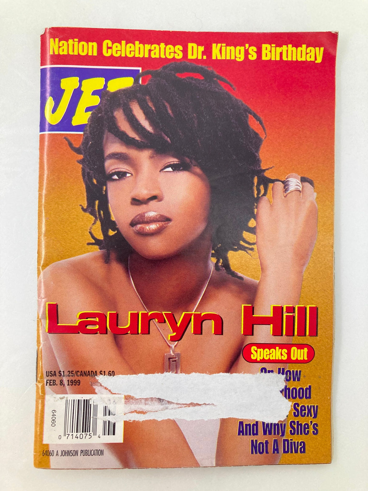 Cover of Jet Magazine February 8, 1999, Volume 95, Number 10 featuring Lauryn Hill. The cover highlights an article where Lauryn Hill speaks out about her experiences and celebrates Dr. Martin Luther King Jr.'s birthday.
