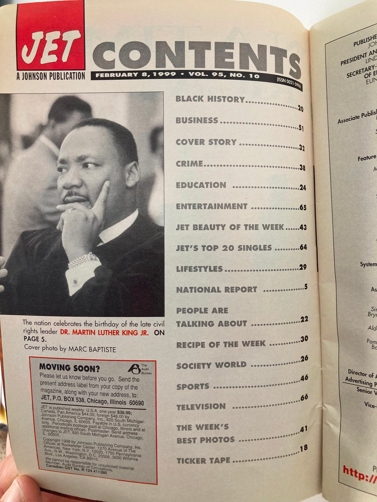 Contents page of Jet Magazine from February 8, 1999, Volume 95, Number 10, celebrating Dr. Martin Luther King Jr.'s birthday and featuring various articles, including the cover story and sections on business, education, and entertainment.