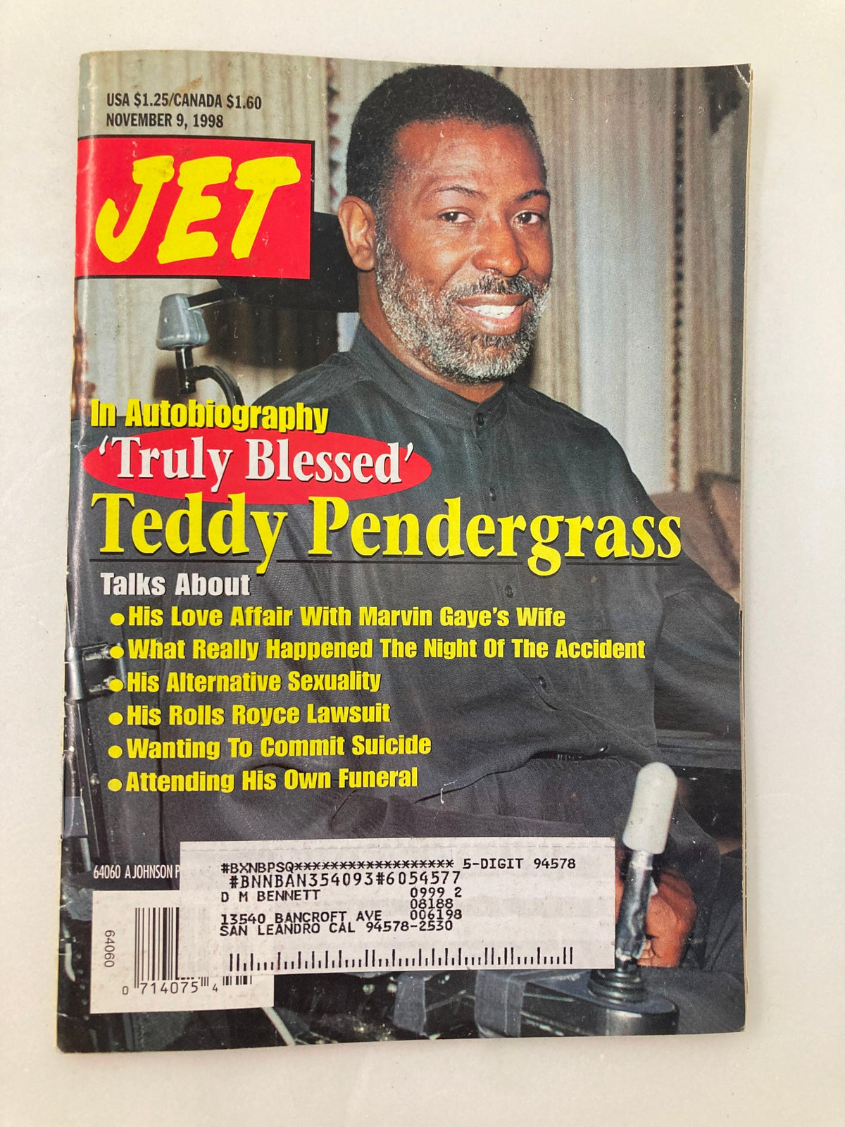 Cover of Jet Magazine, dated November 9, 1998, featuring Teddy Pendergrass and Evonia Shields. The magazine discusses Pendergrass's autobiography 'Truly Blessed' and includes topics like his love affair with Marvin Gaye's wife and his Rolls Royce lawsuit.