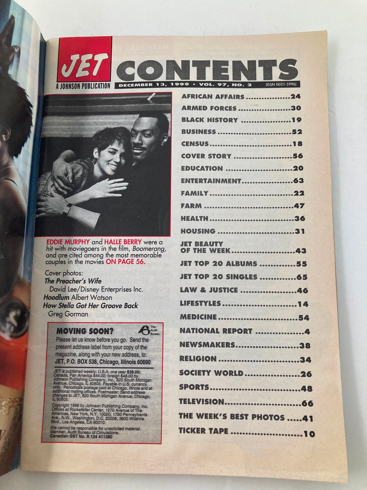 Contents page from Jet Magazine December 13 1999 Vol 97 #2, featuring articles about African American entertainment and notable figures in pop culture.