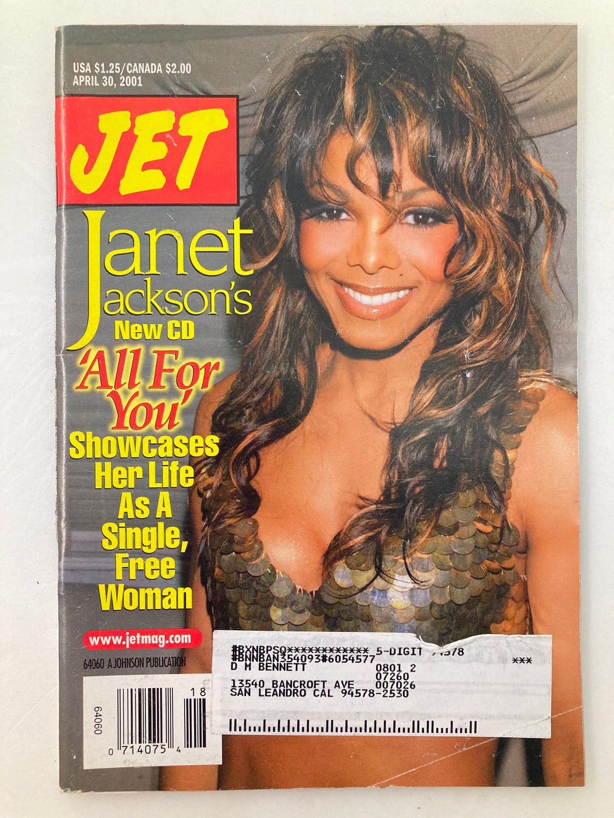 Cover of Jet Magazine dated April 30, 2001, featuring Janet Jackson's New CD 'All For You'. The image showcases Janet Jackson in a shimmering outfit, promoting her album and highlighting her as a single, free woman.