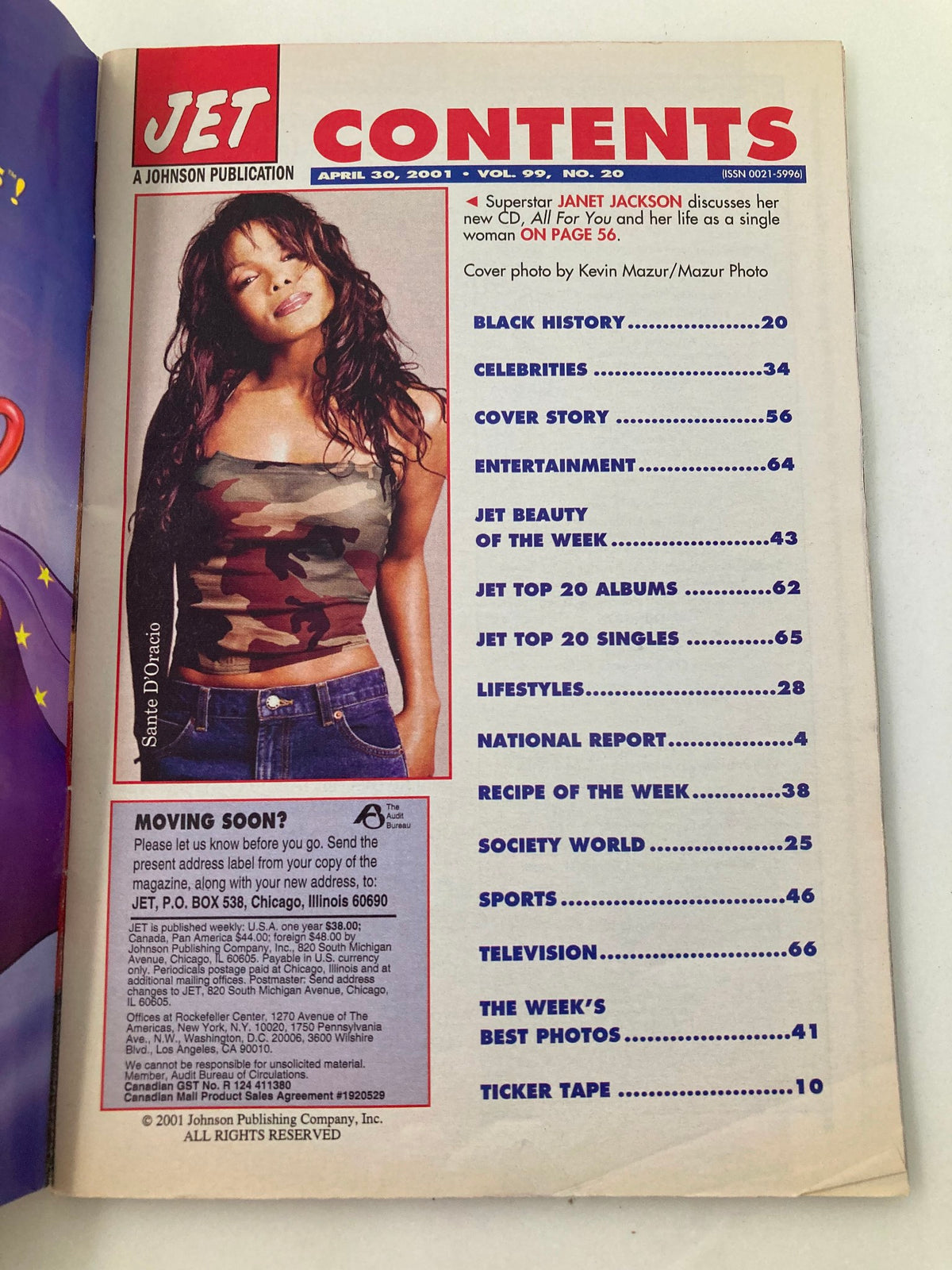 Interior page of Jet Magazine dated April 30, 2001, featuring the contents section and a cover photo of Janet Jackson related to her new CD 'All For You'. This page highlights various sections of the magazine including celebrities, entertainment, lifestyle, and music features.