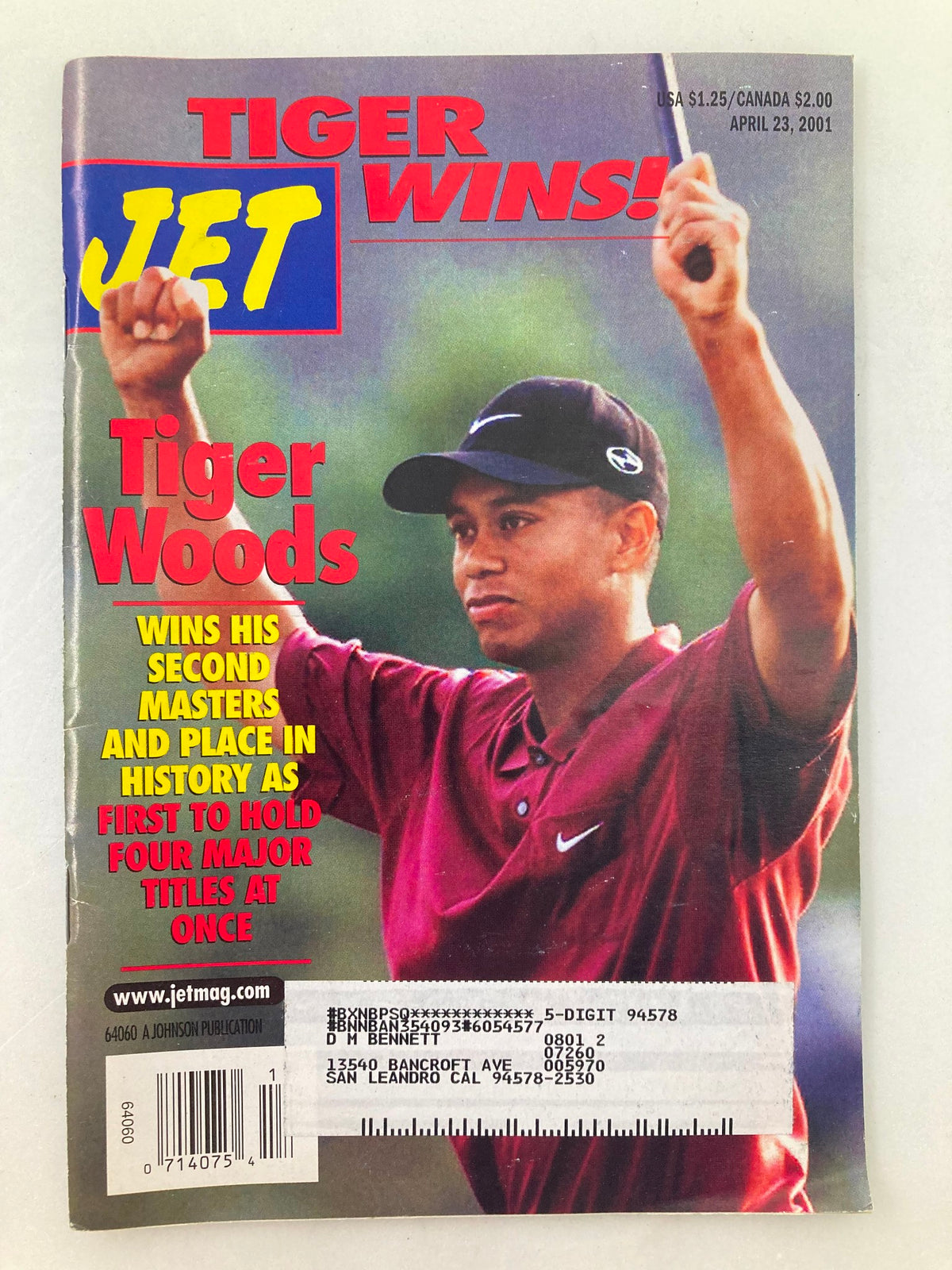 Jet Magazine April 23 2001 Vol 99 #19 cover featuring Tiger Woods celebrating his second Green Masters win.