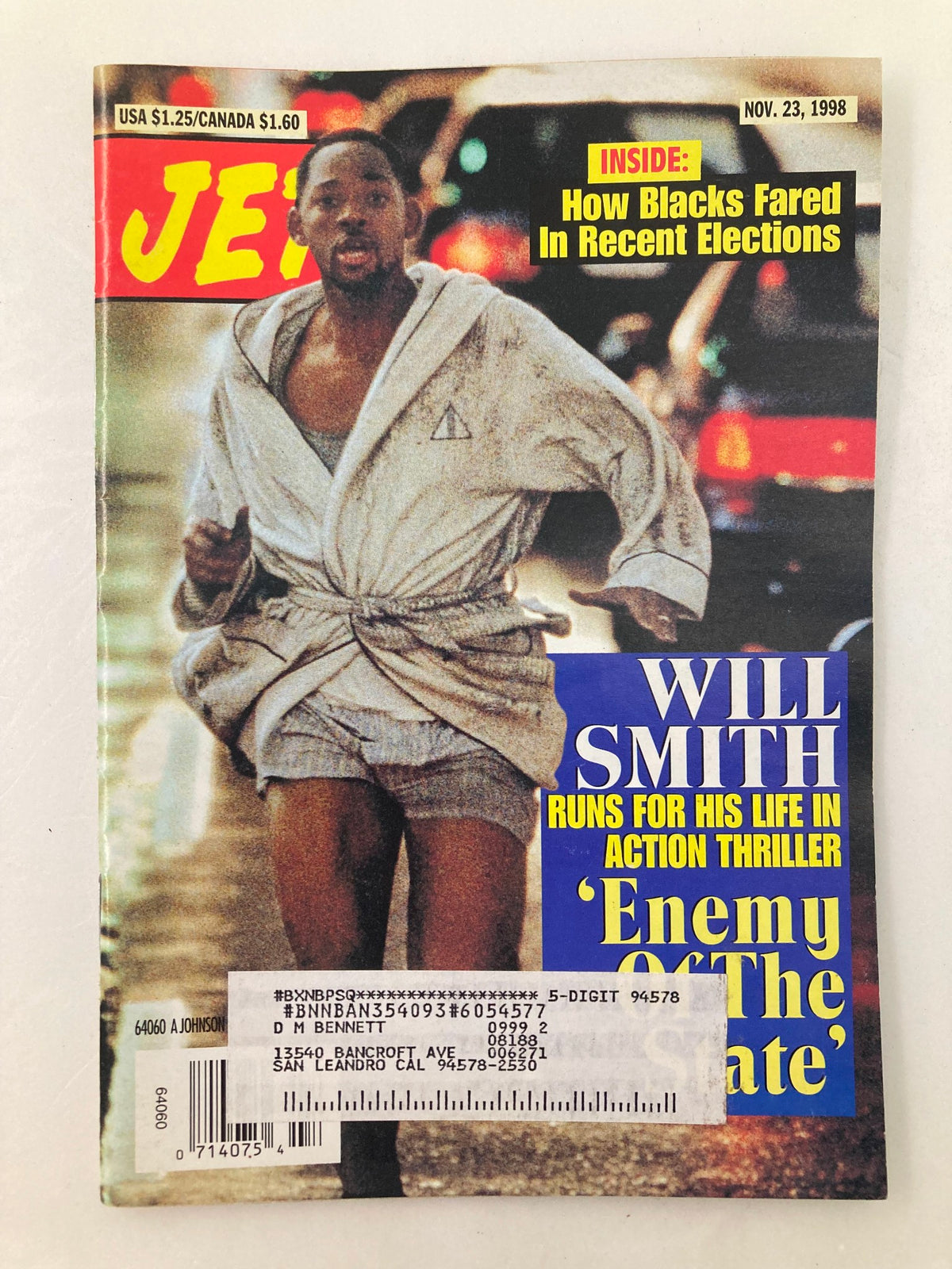 Jet Magazine Cover from November 23, 1998, Vol 94 #26 featuring Will Smith in 'Enemy of the State', highlighting his role in an action thriller with a dramatic pose.