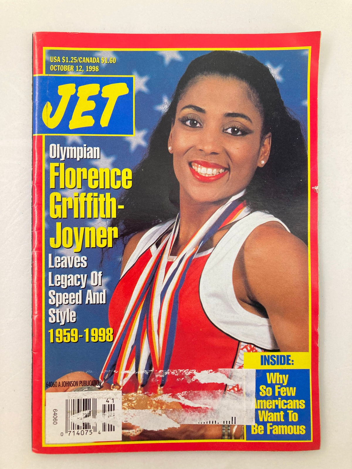 Cover of Jet Magazine October 12, 1998, featuring Olympian Florence Griffith-Joyner, celebrating her legacy of speed and style from 1959-1998.