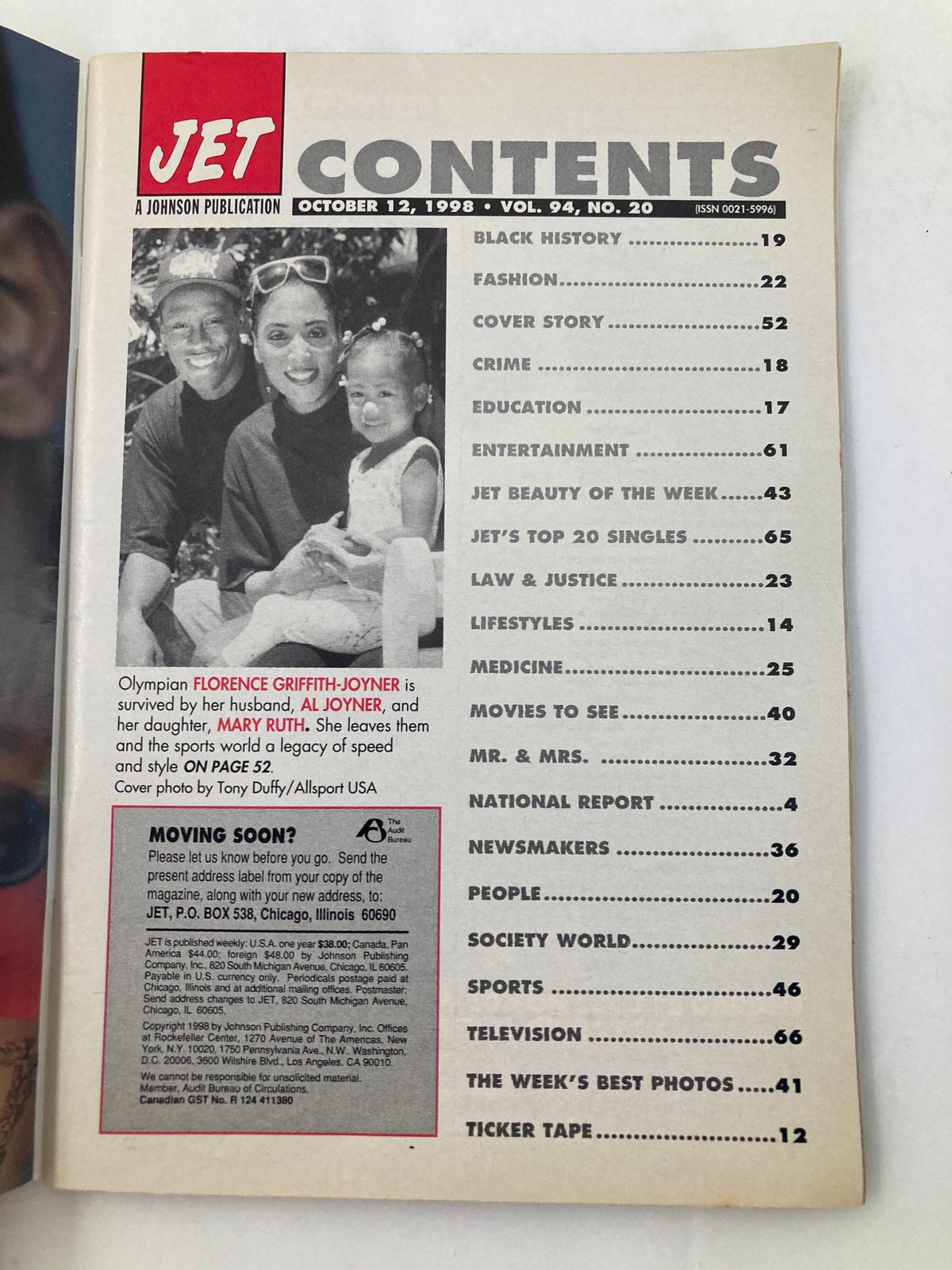 Contents page of Jet Magazine October 12, 1998, highlighting articles including the cover story on Olympian Florence Griffith-Joyner.