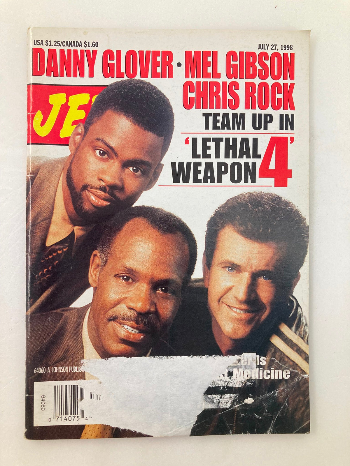 Jet Magazine July 27 1998 Vol 94 #9 featuring Danny Glover, Mel Gibson, and Chris Rock on the cover, highlighting their roles in 'Lethal Weapon 4' with minor wear visible on the magazine.