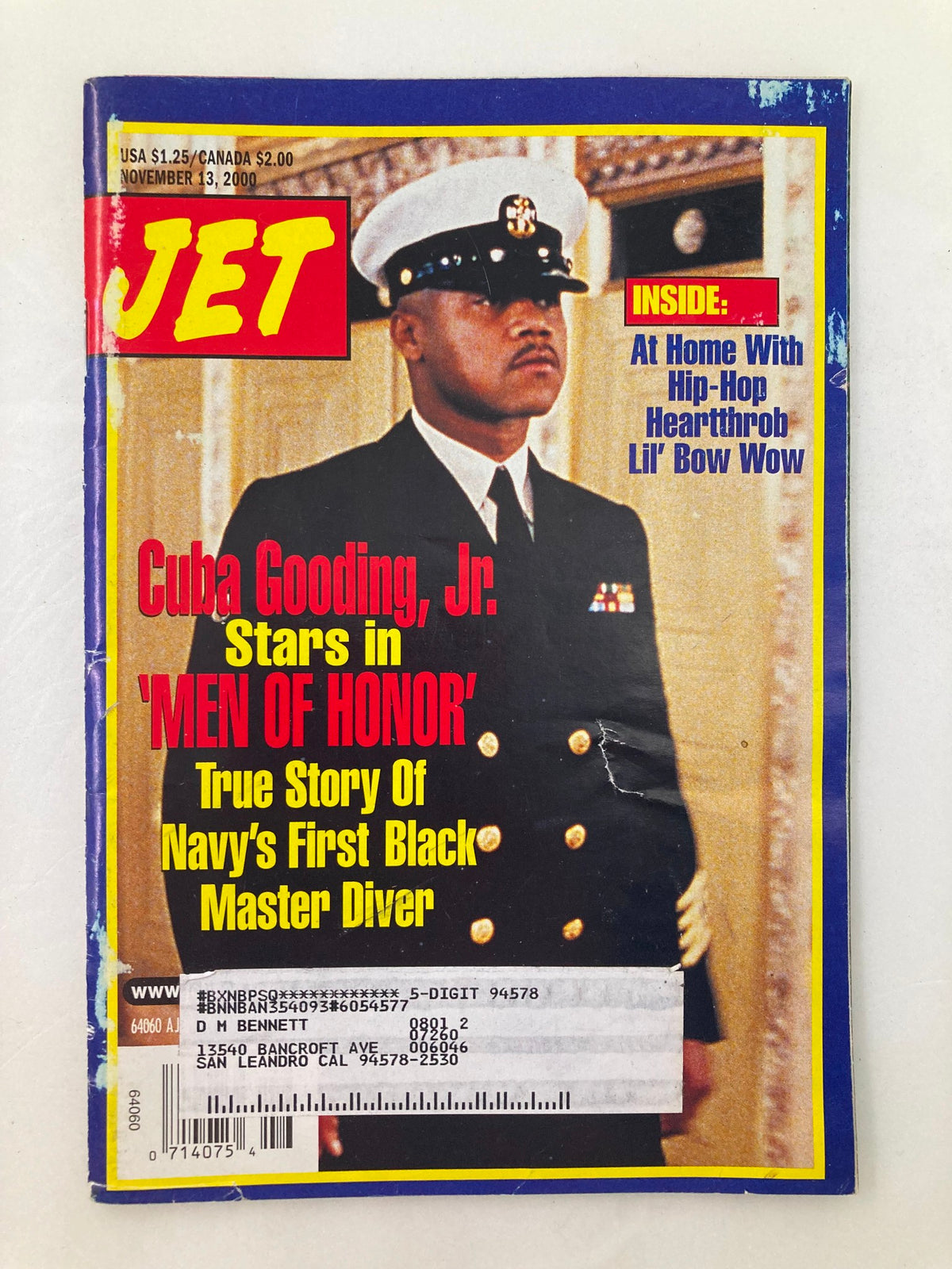 Jet Magazine cover from November 13, 2000, featuring Cuba Gooding Jr. in 'Men of Honor', showcasing his portrayal of the first Black master diver in the Navy.