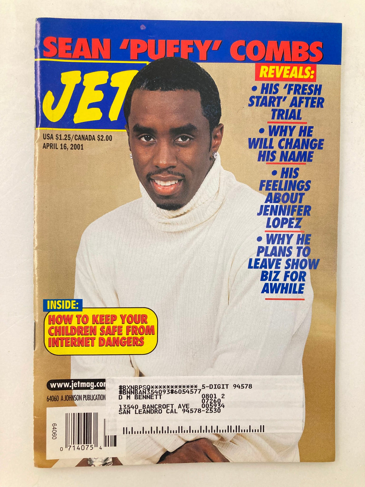 Cover of Jet Magazine, April 16, 2001, Vol 99 #18 featuring Sean 'Puffy' Combs with a headline discussing his 'Fresh Start' after trial.