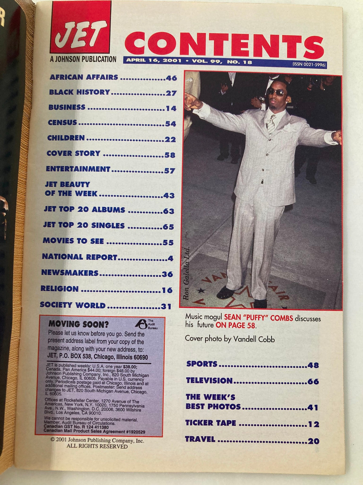 Contents page of Jet Magazine, April 16, 2001, Vol 99 #18 featuring articles including Sean 'Puffy' Combs discussing his future.