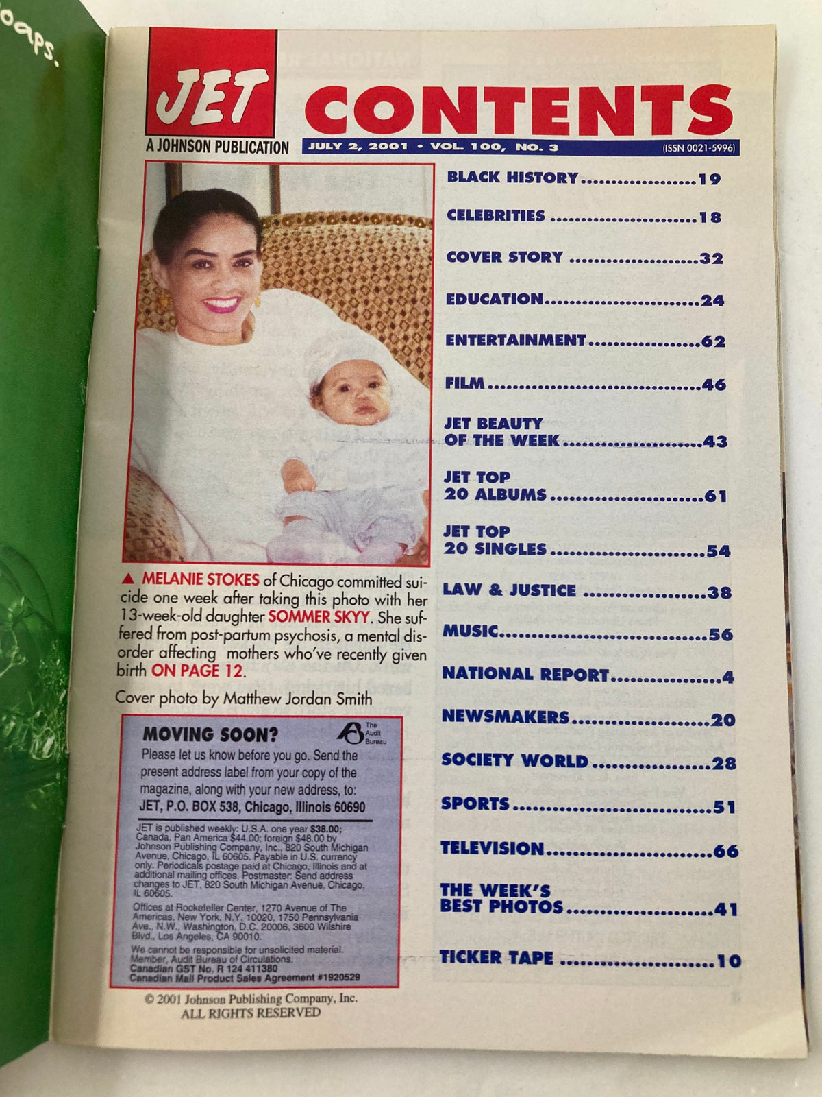 Contents page of Jet Magazine July 2 2001 Vol 100 #3, showcasing articles on black history, education, and other features, with a cover photo of Melanie Stokes and her baby.