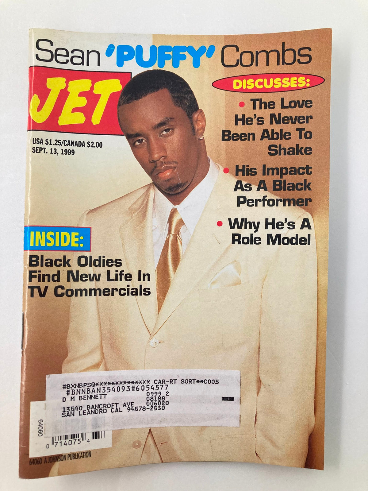 Cover of Jet Magazine, September 13, 1999, Vol 96 #15 featuring Sean 'Puffy' Combs discussing his role model status and impact as a Black performer.