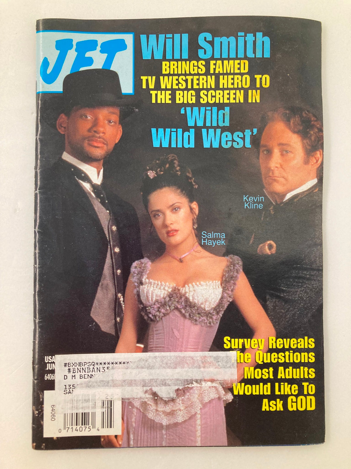 Cover of Jet Magazine June 21, 1999, Vol 96 #3 featuring Will Smith, Salma Hayek, and Kevin Kline. The cover highlights Will Smith's role in 'Wild Wild West'.