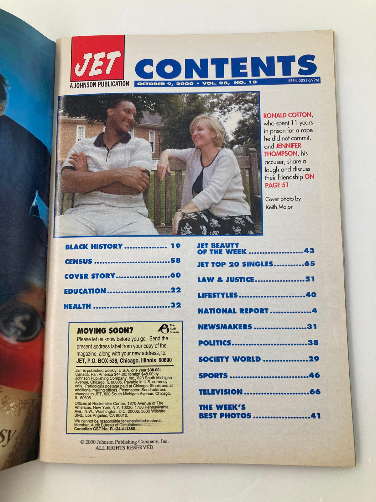 Contents page of Jet Magazine October 9 2000, Vol 98 #18, highlighting features on Ronald Cotton, Black History, and various lifestyle topics, with a clean layout and informative sections.