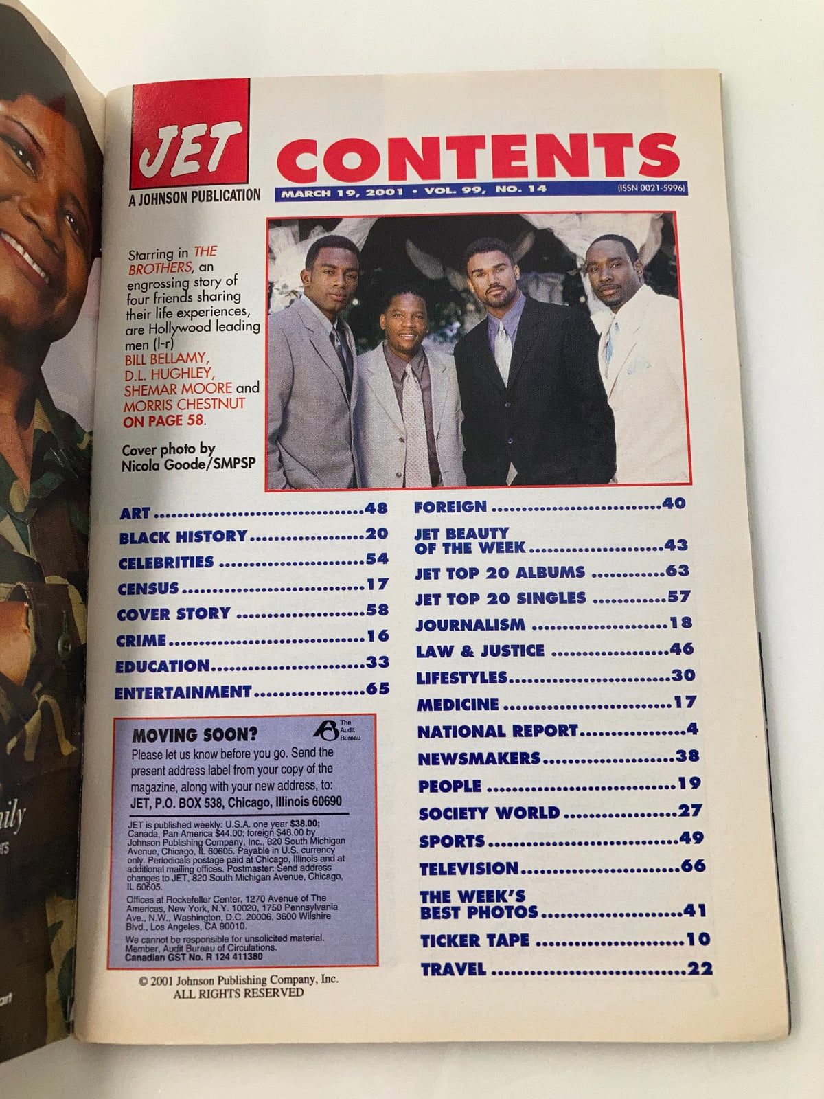 Table of contents from Jet Magazine March 19 2001 Vol 99 #14 featuring sections on entertainment, celebrities, and music, including a feature on Shemar Moore, Bill Bellamy, and D.J. Hughley.