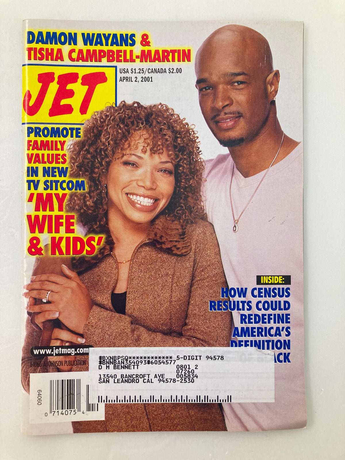 Cover of Jet Magazine, April 2, 2001, Vol 99 #16 featuring Damon Wayans and Tisha Campbell-Martin promoting family values in new TV sitcom 'My Wife & Kids'.