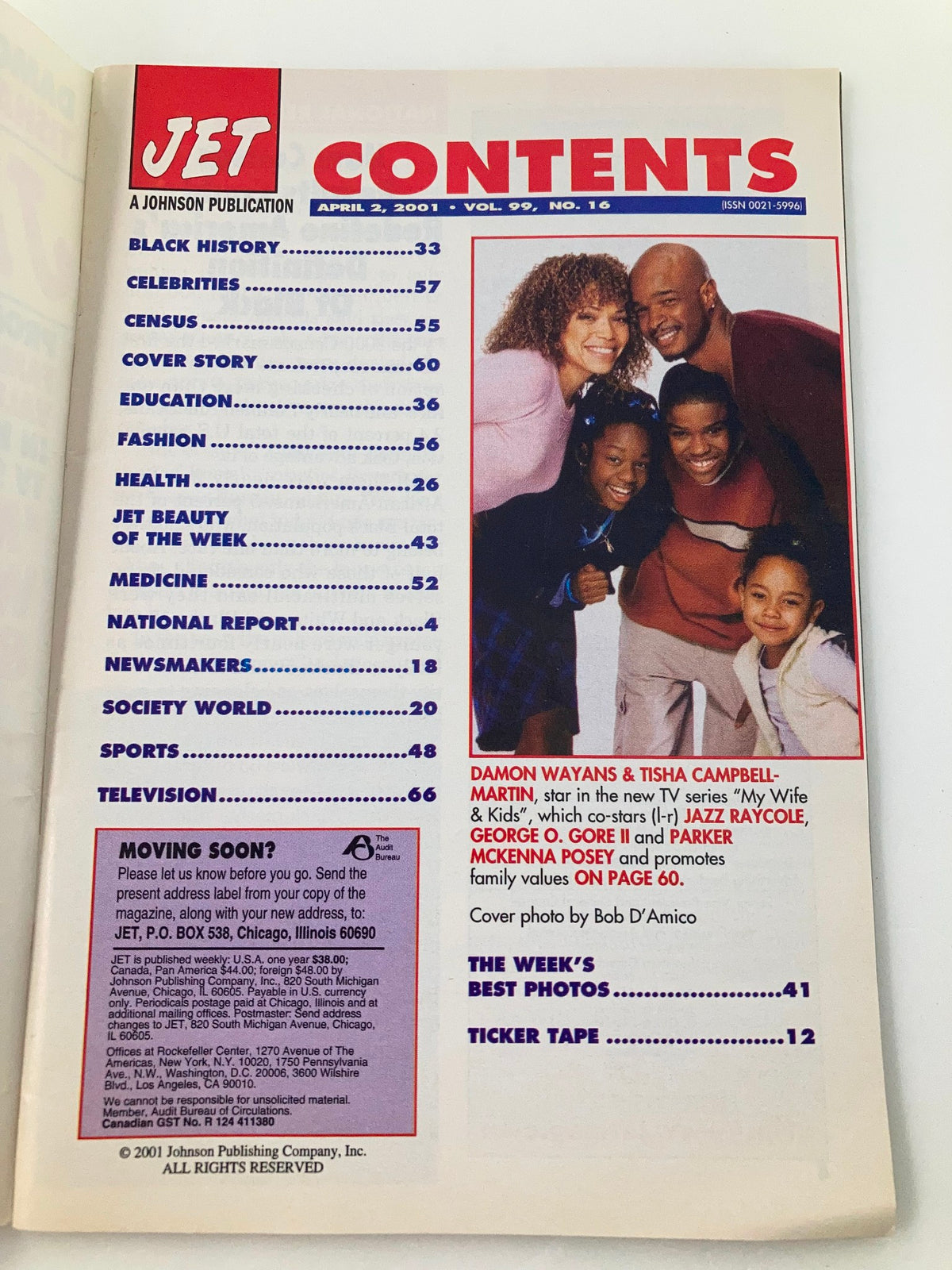 Contents page of Jet Magazine, April 2, 2001, Vol 99 #16 highlighting articles including Damon Wayans and Tisha Campbell-Martin in 'My Wife & Kids'.