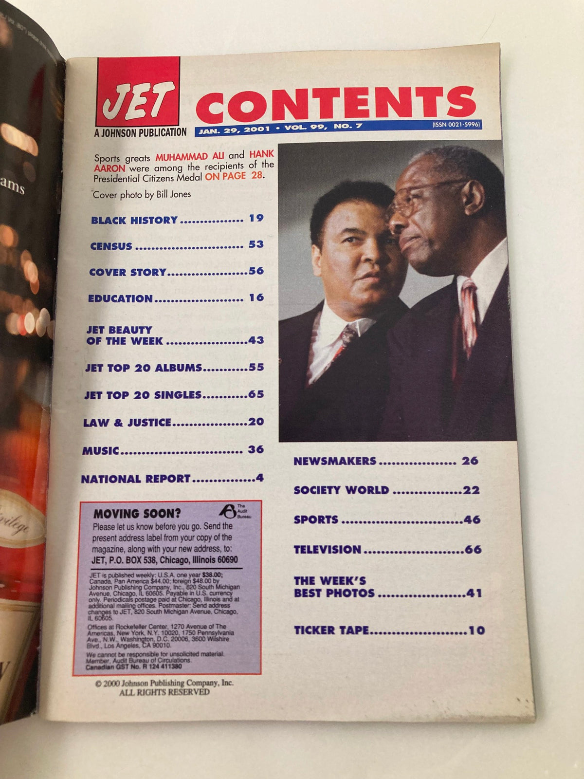 Table of contents from Jet Magazine January 29 2001 Vol 99 #7, featuring articles on Muhammad Ali, Hank Aaron, and other cultural topics.