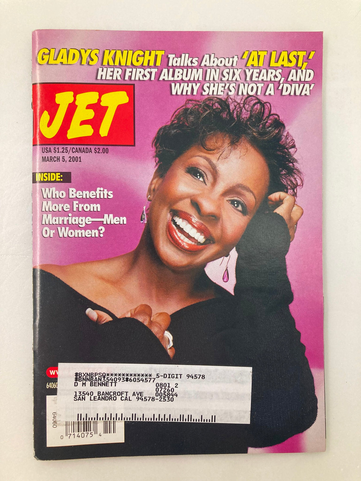 Jet Magazine cover from March 5, 2001, featuring Gladys Knight discussing her album 'At Last' and her perspective on being a 'diva.' The magazine also highlights the topic of marriage and its implications.