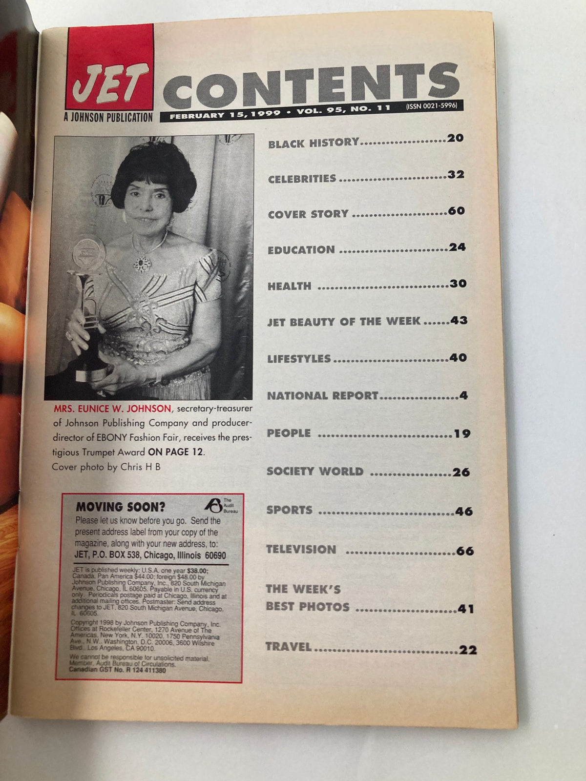 Table of contents from Jet Magazine February 15 1999 Vol 95 #11 featuring Eunice W. Johnson, noted for her contributions to the Johnson Publishing Company and director of the Ebony Fashion Fair, alongside various magazine sections including Black History, Education, and National Report.