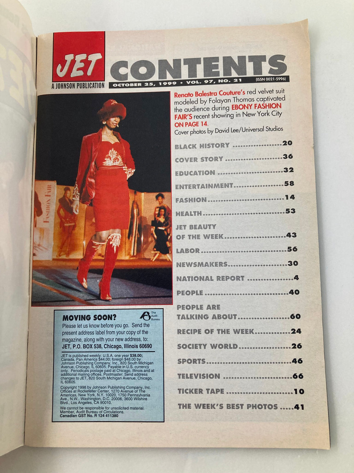 Contents page of Jet Magazine, October 25, 1999, Vol 97 #21. Highlights a fashion model in red and details on various sections including black history, education, and entertainment.