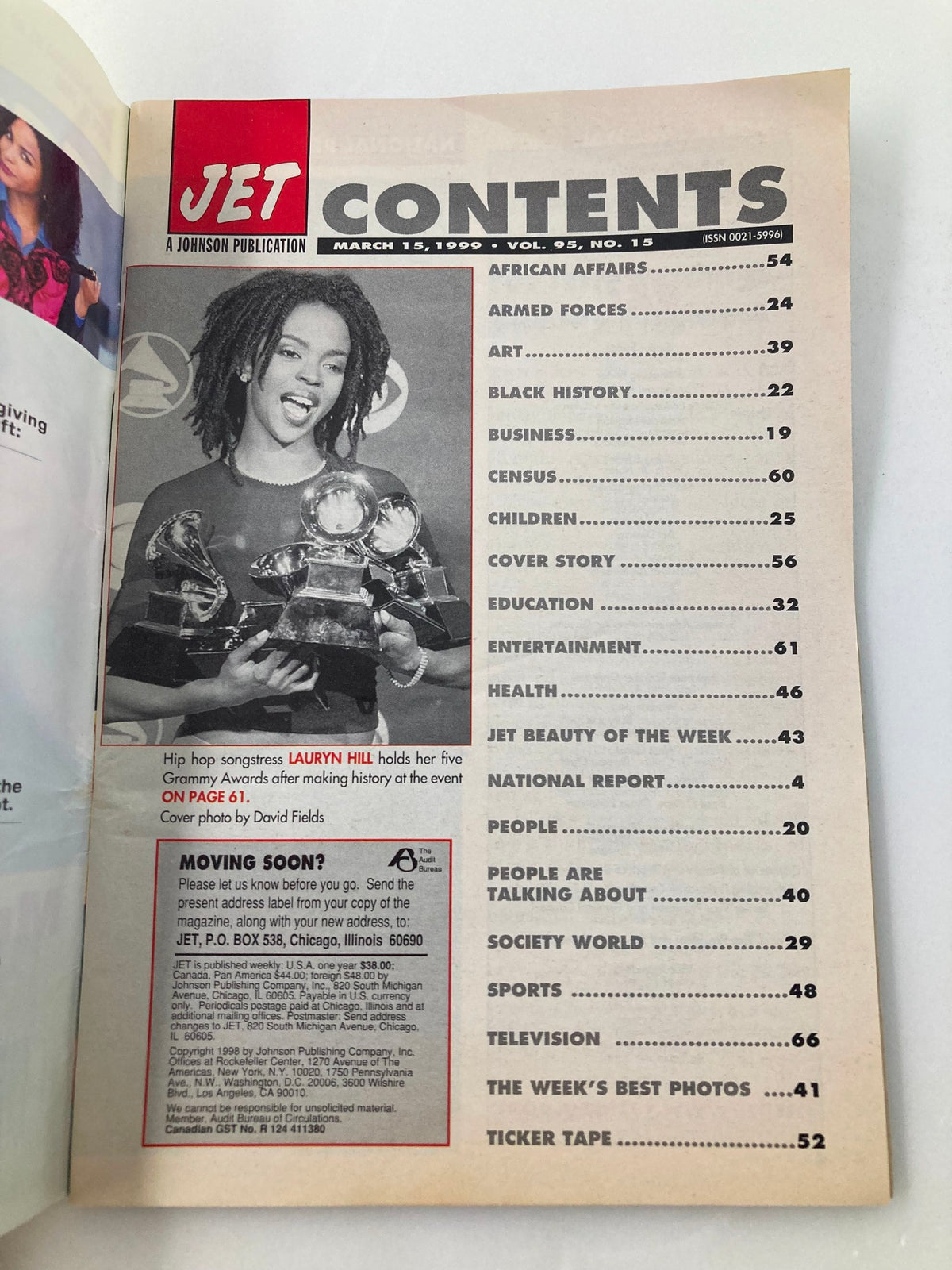 Contents page of Jet Magazine March 15 1999, Vol 95 No 15, featuring Grammy winner Lauryn Hill holding her awards and highlighting various articles including African Affairs, Business, Education, and Entertainment.