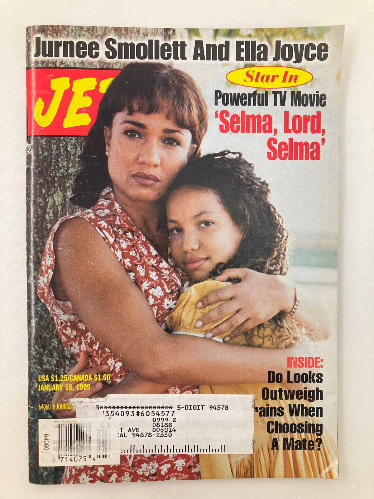 Jet Magazine cover from January 18, 1999, featuring Jurnee Smollett and Ella Joyce. The cover highlights their roles in the television movie 'Selma, Lord, Selma', along with other contents.
