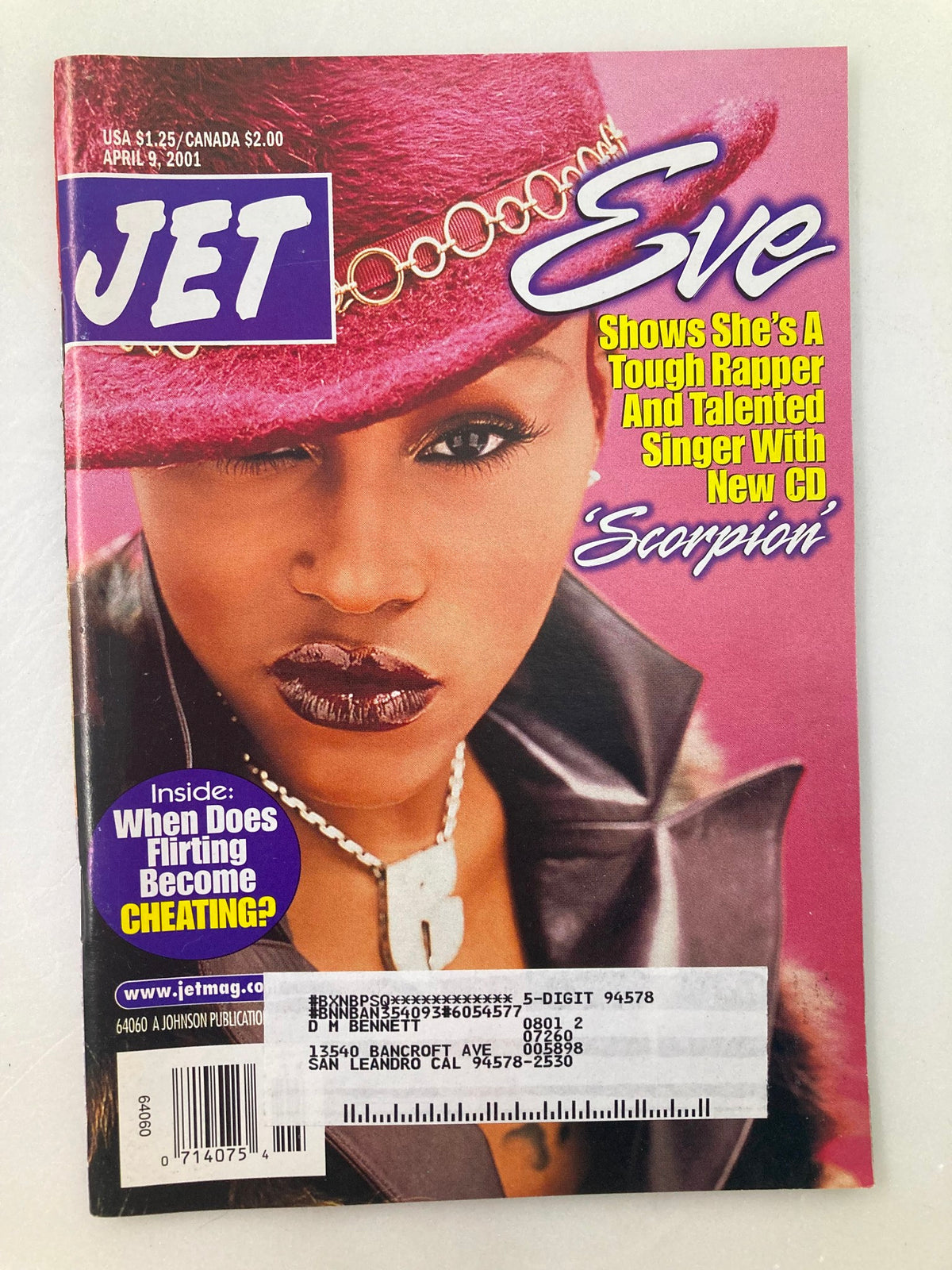 Cover of Jet Magazine April 9 2001, Vol 99 #17 featuring rapper Eve showcasing her new CD 'Scorpion' with a striking pose and bold fashion.