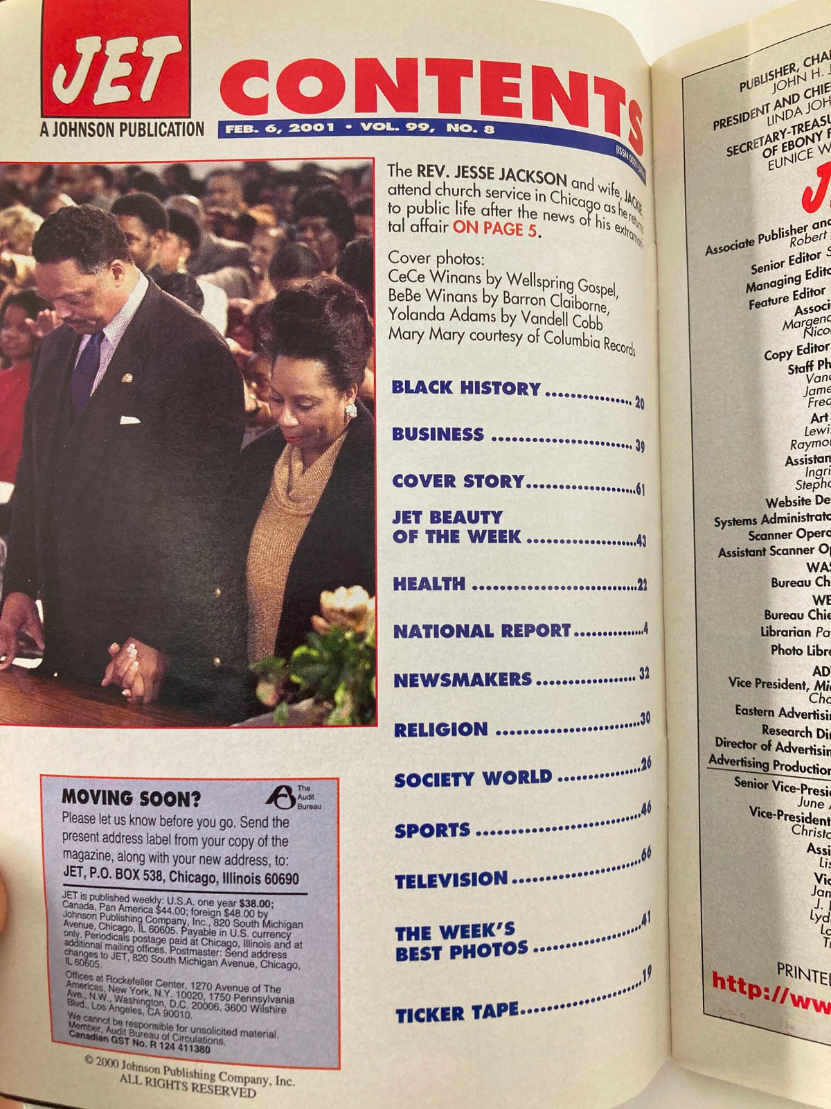 Contents page of Jet Magazine February 5, 2001, Volume 99, Number 8 listing sections such as Business, Cover Story, and Health. Features images of CeCe Winans and BeBe Winans.