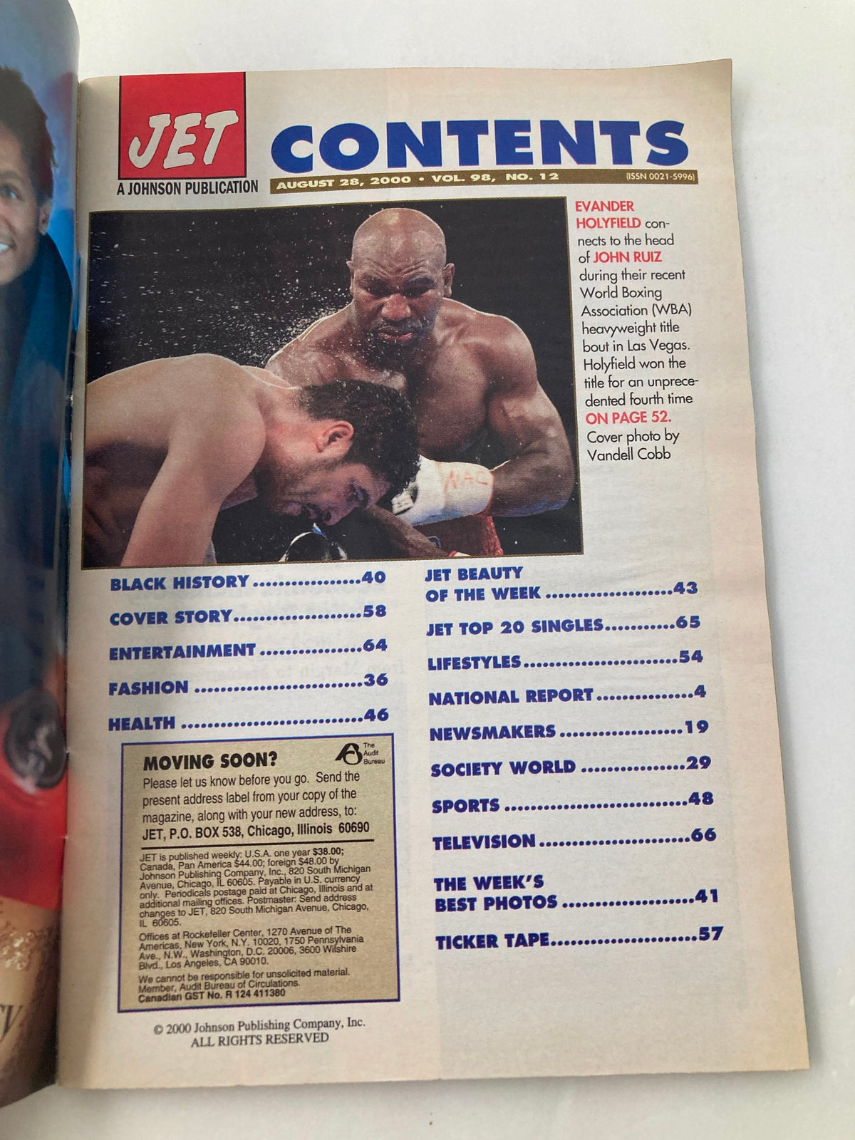 Contents page of Jet Magazine, August 28, 2000, Vol 98 #12, including features on Evander Holyfield and various entertainment topics.