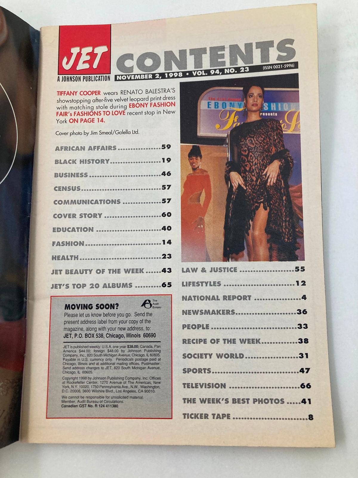 Contents page of Jet Magazine, November 2, 1998, Vol 94 #23, listing articles including features on Tiffany Cooper and highlights of African American culture.